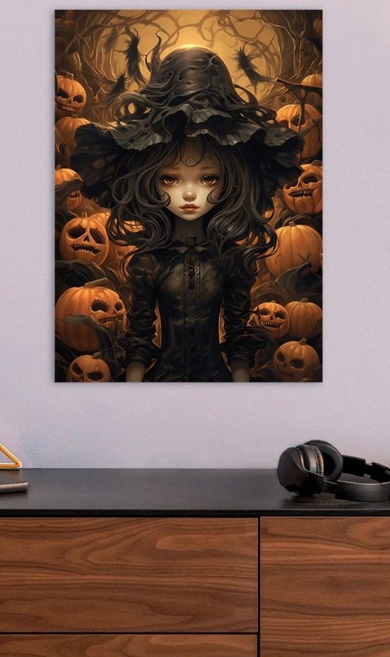 Halloween Witch Girl with Pumpkins — metal poster wall art by Lineer